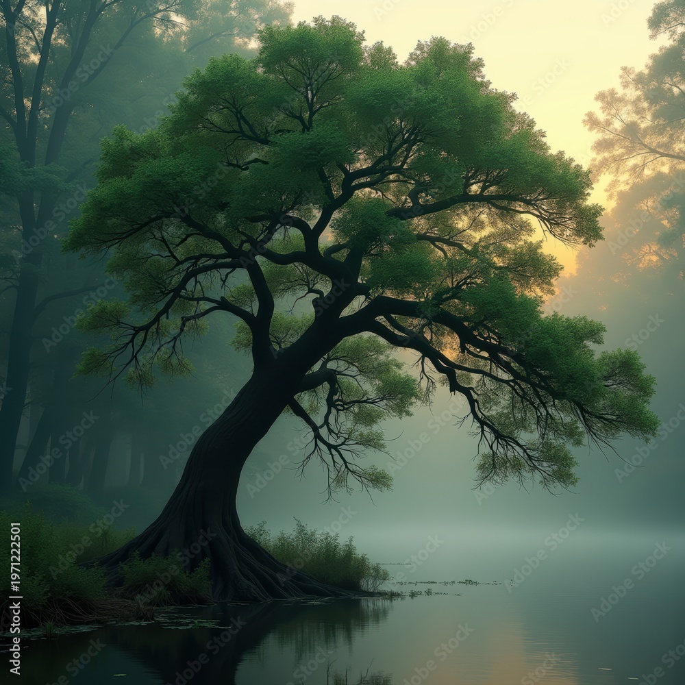 Fototapeta premium Cypress Tree Silhouette with Scale-Like Foliage Rising Above Mysterious Swamp Waters at Twilight