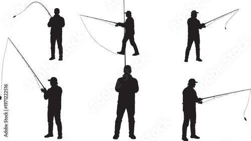 Collection of fisherman silhouettes holding fishing rods in various poses for outdoor hobby sport activities and lake or river recreation flat vector illustration.