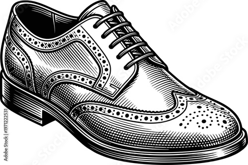 Isolated line art illustration of a classic men's wingtip brogue oxford shoe. Features detailed perforations and traditional stitching. Elegant formal footwear.