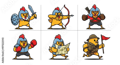 Cartoon chicken warrior characters with various weapons and gear
