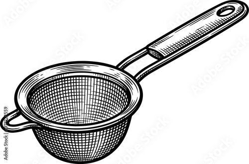 Line art illustration of a fine mesh sieve strainer with a long handle, commonly used in kitchens for filtering and straining ingredients.