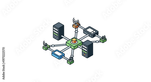 Illustration of a Network Diagram Displaying Data Transmission Between Various Devices