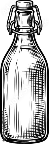 Black and white illustration of an empty swing top bottle with a wire bail closure and textured glass detail. Vintage beverage container outline for design elements.