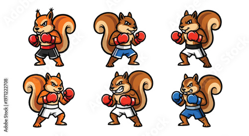 Cartoon squirrel boxers posing with boxing gloves ready to fight