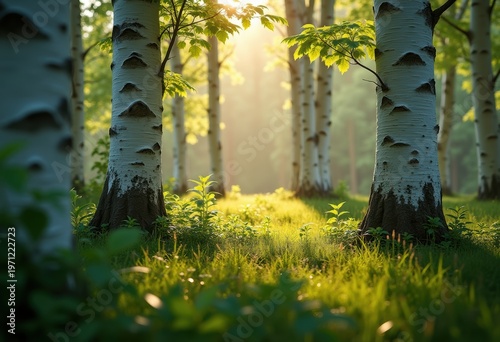 Distinctive Birch Tree Forest Artistic Photography Vibrant White Bark Lush Greenery Natural Setting