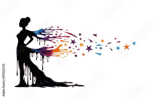 Surreal Liquid Drip Diva Silhouette Sticker, Playful Star Shard Sensual Motion Vector, Modern Absurdist Performance Illustration