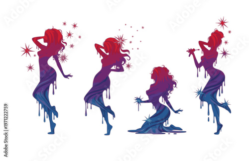 Surreal Liquid Drip Diva Silhouette Sticker, Playful Star Shard Sensual Motion Vector, Modern Absurdist Performance Illustration