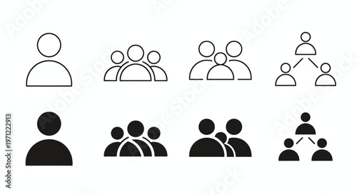 Collection of simple human figures and groups forming a social crowd icon set.