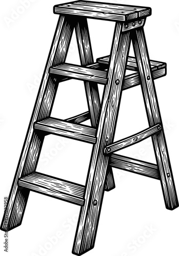 Isolated wooden stepladder, household tool for reaching high places, interior design element, graphic illustration