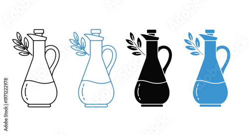 Set of four stylized olive oil bottles in different graphic styles including outline, silhouette, and color variations