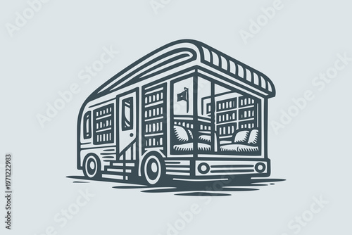 Mobile Library Bus Home Illustration Linocut Style