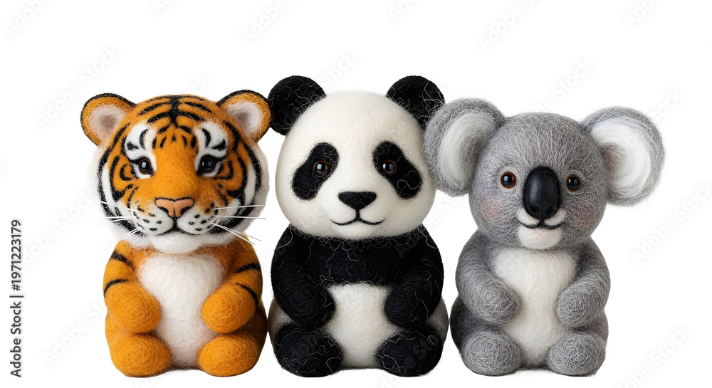 Obraz premium Three plush toy animals tiger panda koala sitting together white background cute soft wildlife collection
