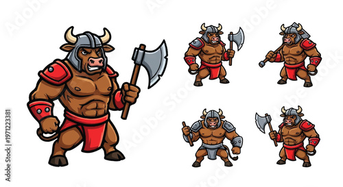 Cartoon minotaur warrior characters with weapons
