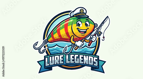 Colorful cartoon fishing lure logo.