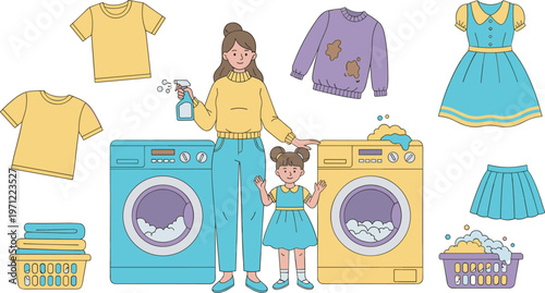 Mother and daughter doing laundry together with washing machine spray bottle and dirty clothes collection in flat vector illustration for housework and cleaning concept.