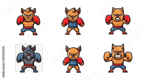 Cartoon boxing animal characters in various poses and colors
