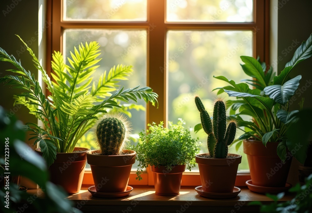 Fototapeta premium Lush House Plant Collection on Sunlit Windowsill Bathed in Morning Light Serenity Indoor Flourish Greenery