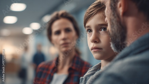 Young boy looking up listening to parents, showing family support during a serious, emotional moment, childhood future