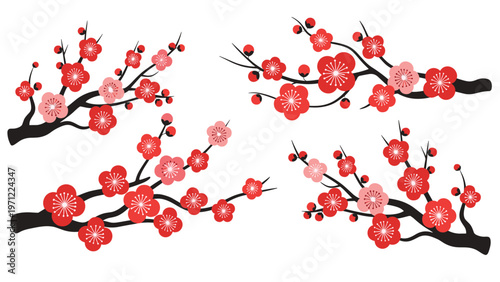 Beautiful red plum blossom branches in traditional Japanese art style with delicate flowers and buds on dark stems for oriental decoration.