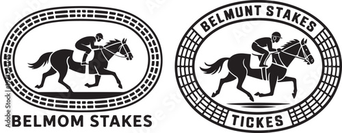Horse race jockey silhouette logo with ticket text - Belmont stakes