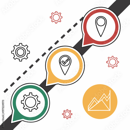 Roadmap infographic template design with three steps, location icons, gear elements, and progress visualization on a diagonal line.