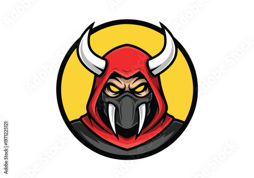 Red hooded demon mascot with white horns: Gaming logo - Gaming Mascot - esport mascot vector illustration  Logo, Mascot, E-Sport, vector mascot - Mascot Logo