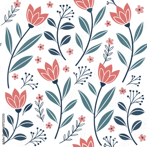 Hand drawn botanical seamless pattern featuring coral flowers and blue leaves on white background suitable for stationary and wrapping paper design.