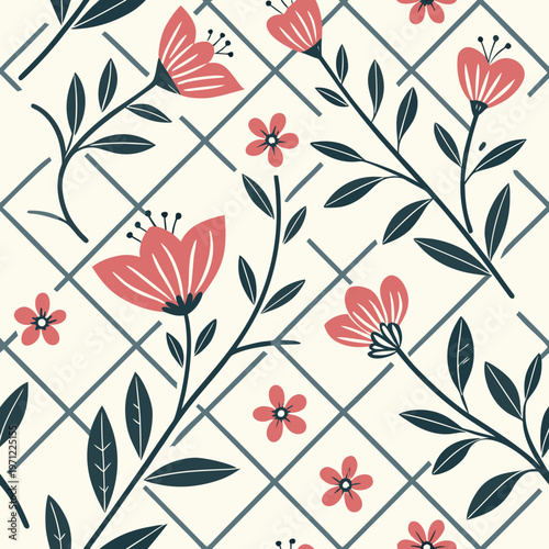 Seamless floral pattern featuring stylized bellflowers and small blooms intertwined with leafy branches on a grid background.