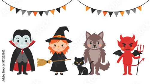 Group of cute Halloween characters including a vampire, witch, black cat, werewolf, and devil under festive black and orange hanging bunting.