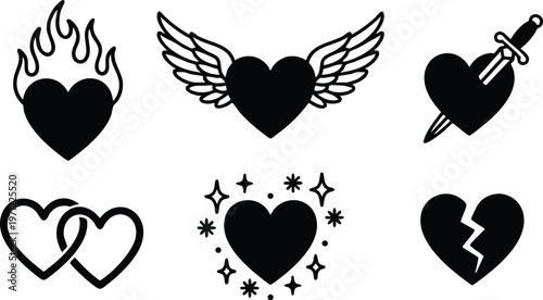 Black and white heart icons with flames wings dagger and broken shape set