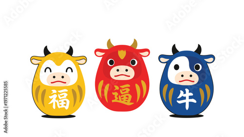 Playful illustration of four cows in traditional Japanese clothing working together to pound mochi rice for New Year and spring celebrations.