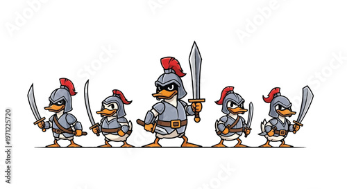Cartoon ducks in armor with swords on white background