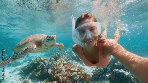 Happy woman snorkeling with a green sea turtle in a vibrant coral reef, capturing a memorable underwater selfie