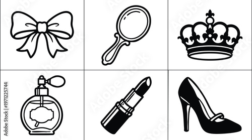 Black and white fashion icons bow mirror crown perfume lipstick and high heel shoe vector art