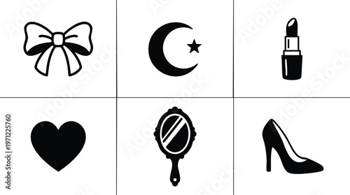 Black and white icons of bow crescent star lipstick heart mirror and high heel shoe
