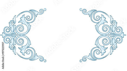 Elegant blue vintage floral scroll frame with ornate symmetrical leaf patterns on both sides, isolated on a white background.