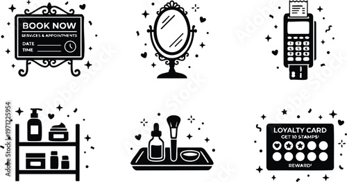 Black and white beauty salon icons with book now mirror loyalty card and cosmetics