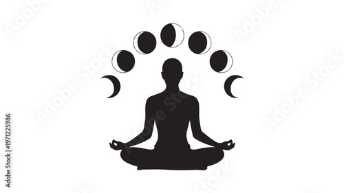 Meditation Silhouette with Moon Phases Vector, Mindfulness Yoga Pose and Lunar Cycle Spiritual Zen Illustration