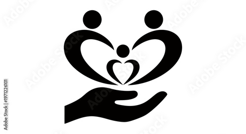 Kinetic symbol of care: hands cradle a heart to convey compassion, support, and community.