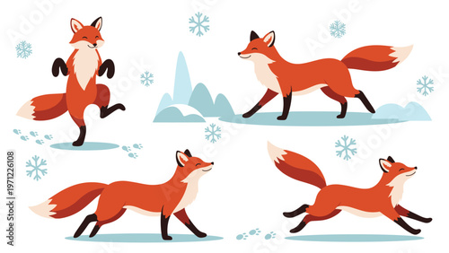 Four cute red foxes playing and running in a snowy winter landscape with mountains and snowflakes on a clean white background.