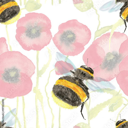 Seamless watercolor pattern with blooming pink poppy flowers and a cute fuzzy bumblebee, hand-painted garden floral background.