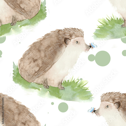  Seamless watercolor pattern with a cute hedgehog hand-painted whimsical garden animal background for nursery and kids decor.
