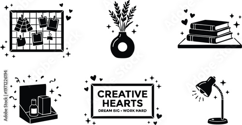 Black and white creative hearts quote with books lamp vase and photo board vector illustration