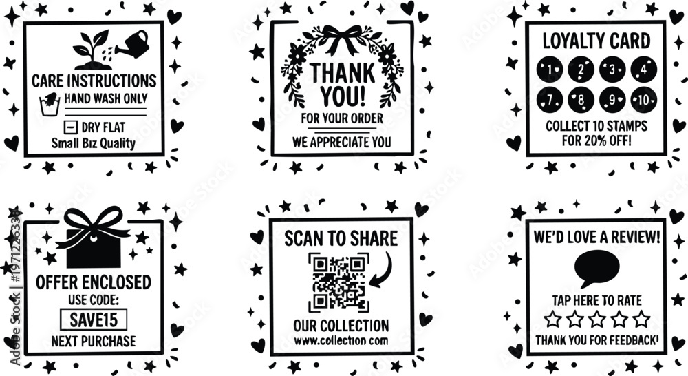 Naklejka premium Black and white thank you loyalty card care instructions and offer enclosed icons set