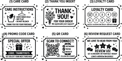Black and white care instruction thank you loyalty promo code review request cards set vector art