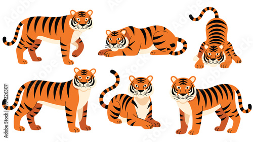 Six colorful illustrations of orange tigers with black stripes in different standing and lying positions on a white background.