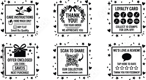 Black and white thank you loyalty card care instructions and offer enclosed icons set