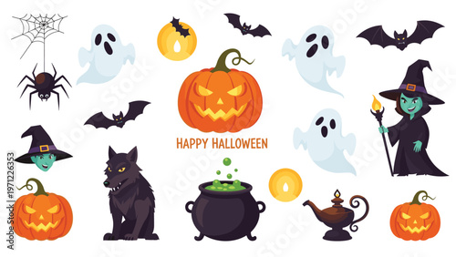Spooky Halloween themed set featuring ghosts, pumpkins, a witch, a wolf, bats, and a spider on a plain white background.