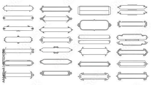 Set of thirty-two elegant black line border frames and decorative dividers in various classic styles on a white background.