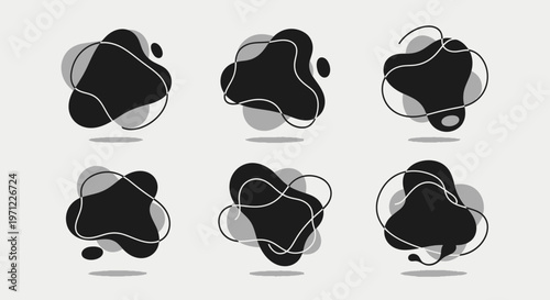 Abstract design with black and gray organic shapes and delicate lines on a light background